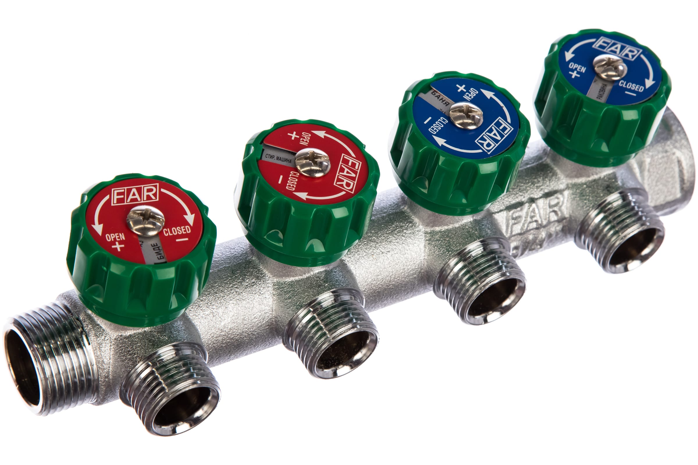 45 мм). 3/4" нр (межосев. Коллектор far 3/4 -1/2. Коллектор far (fk 3822 3412tp) 3/4 вр(г) х 3 выхода 1/2 нр(ш) х 3/4 нр(ш) регулируeмый. Fk 3822 3412тр.