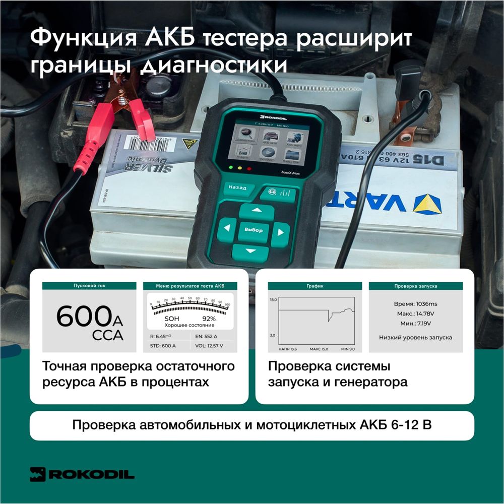 Автосканер, тестер для диагностики автомобиля и АКБ Rokodil ScanX Max 2в1,  OBD2, не ELM 327 1045885 (арт. 23143833) — купить с доставкой