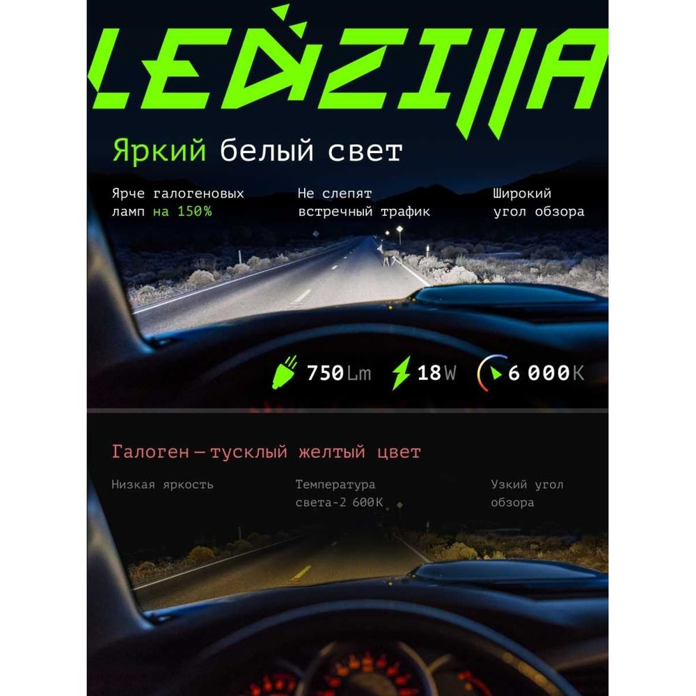 Светодиодные лампы LED для авто LEDZILLA C6 H7 18Вт 12В лампочки для  автомобилей в фары, комплект 2шт C6-H7