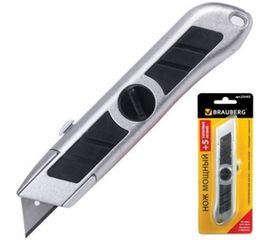 Нож мощный, металлический корпус, фиксатор, лезвие-трапеция, + 5 лезвий BRAUBERG 235403 