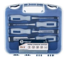 Набор плоских стамесок: 6, 12, 18, 24мм, длина 140мм, CR-V, двухкомпонентные рукоятки, точильный камень, 4шт, кейс КОБАЛЬТ 245-695 