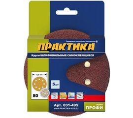 Круг шлифовальный на липкой основе (5 шт; 125 мм; Р80) ПРАКТИКА 031-495 