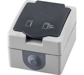 Одноместная розетка STEKKER с заземляющим контактом открытой установки 250В 16А серый/графит 32755 