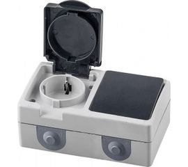 Блок STEKKER: розетка одноместная с заземляющим контактом открытой установки, одноклавишный выключатель 250В, 16А 32759 