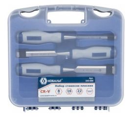Набор плоских стамесок: 8, 16, 22мм, длина 140мм, CR-V, двухкомпонентные рукоятки, точильный камень, 3шт, кейс КОБАЛЬТ 245-688 