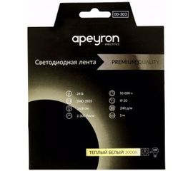 Светодиодная лента APEYRON 24В, 24Вт/м, smd2835, 240д/м, IP20, 2300Лм/м, теплый белый 303 