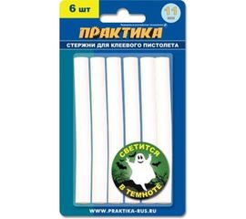 Клей белый светящийся в темноте (6 шт; 11х100 мм) для клеевого пистолета ПРАКТИКА 790-243 