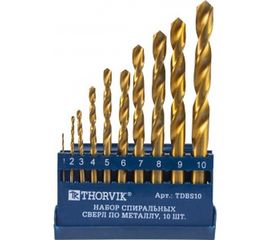 Набор спиральных сверл по металлу HSS TiN в пластиковом кейсе TDBS10 (10 шт; 1-10 мм) Thorvik 52479 