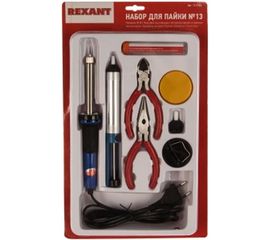 Набор для пайки №13: паяльник 30Вт, подставка, канифоль, припой, бокорезы, тонкогубцы REXANT TL-1013 12-0166 