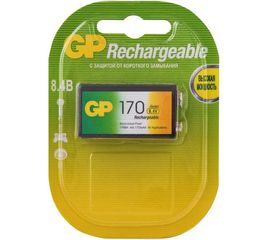 Перезаряжаемые аккумуляторы GP 17R8H 9V Крона, емкость 170 мАч - 1 шт. в блистере 17R8H-2CRU 