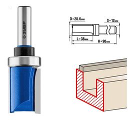 Фреза пазовая прямая с верхним подшипником ПРОФЕССИОНАЛ (28.6х38х90 мм; хвостовик 12 мм) Зубр 28756-28.6-38-12 