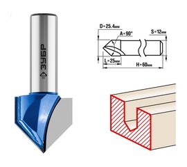 Фреза пазовая галтельная V-образная ПРОФЕССИНАЛ (25.4х25х60 мм; 90 градусов; хвостовик 12 мм) Зубр 28752-25.4 