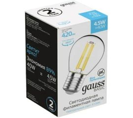Лампа Gauss Basic Filament, шар, 4,5W, 420lm, 4100К, Е27, LED 1051215 