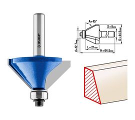Фреза кромочная калевочная фасочная №9 ПРОФЕССИОНАЛ (44.5х21х64.5 мм; угол 45 град; хвостовик 8 мм) Зубр 28711-44.5 