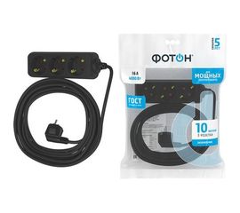 Сетевой удлинитель Фотон 16-103Е, 10м, 3 розетки, 16А, с заземлением, черный 22725 