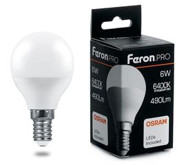 Светодиодная лампа FERON PRO LB-1406 Шарик E14 6W 6400K OSRAM LED 38067 