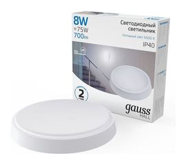 Светильник Gauss ЖКХ HALL круг 8W 700lm 6500K 200-240V IP40 D135х32мм белый LED 1/40 193411308 