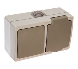 Горизонтальный блок: выключатель 1 кл + розетка UNIVersal Аллегро с/з, з/ш, IP54, с крышкой, серый 1273 