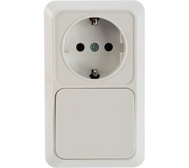 Вертикальный блок: одноклавишный выключатель + розетка с заземлением, белый UNIVersal Олимп О0038 