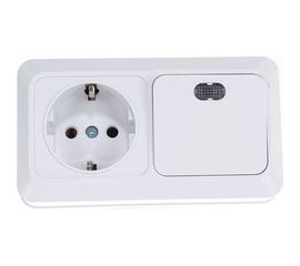 Горизонтальный блок: одноклавишный выключатель c подсветкой + розетка с заземлением, белый UNIVersal Олимп О0036 