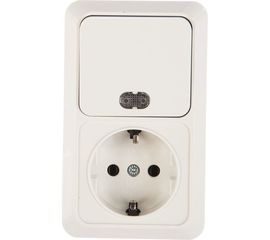 Вертикальный блок: одноклавишный выключатель c подсветкой + розетка с заземлением, белый UNIVersal Олимп О0039 