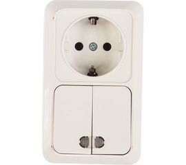 Вертикальный блок: двухклавишный выключатель c подсветкой + розетка с заземлением, белый UNIVersal Олимп О0041 