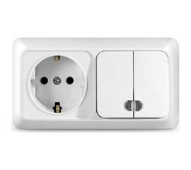 Горизонтальный блок: двухклавишный выключатель c подсветкой + розетка с заземлением, белый UNIVersal Олимп О0037 