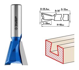 Фреза пазовая фасонная Ласточкин Хвост ПРОФЕССИОНАЛ (25.4х26х65 мм; угол 14 градусов; хвостовик 12 мм) Зубр 28748-25.4 