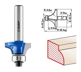 Фреза кромочная калевочная №1 ПРОФЕССИОНАЛ (22.2х9.4х52.4 мм; R4.8 мм; хвостовик 8 мм; ВК6) Зубр 28701-22.2 
