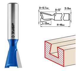 Фреза пазовая фасонная Ласточкин Хвост ПРОФЕССИОНАЛ (12.7х10х46 мм; угол 14 градусов; хвостовик 8 мм) Зубр 28748-12.7 