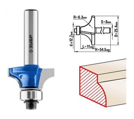 Фреза кромочная калевочная №1 ПРОФЕССИОНАЛ (25.4х11х54.3 мм; R6.3 мм; хвостовик 8 мм) Зубр 28701-25.4 