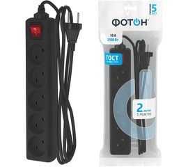 Сетевой удлинитель ФОТОН 10-25S, 2м, 5 розеток, 10А, с выкл., черный 22726 