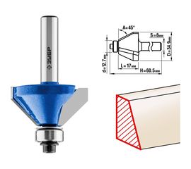 Фреза кромочная калевочная фасочная №9 ПРОФЕССИОНАЛ (34.9х17х60.5 мм; угол 45 град; хвостовик 8 мм) Зубр 28711-34.9 