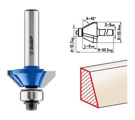 Фреза кромочная калевочная фасочная №9 ПРОФЕССИОНАЛ (25.4х9х52.5 мм; угол 45 град; хвостовик 8 мм) Зубр 28711-25.4 