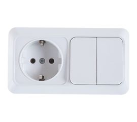 Горизонтальный блок: двухклавишный выключатель + розетка с заземлением, белый UNIVersal Олимп О0033 