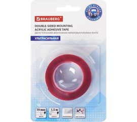 Монтажная прозрачная суперпрочная двусторонняя лента BRAUBERG 19 мм х 1,5 м, акриловая, 1 мм 606423 
