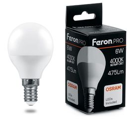 Светодиодная лампа FERON PRO LB-1406 Шарик E14 6W 4000K OSRAM LED 38066 