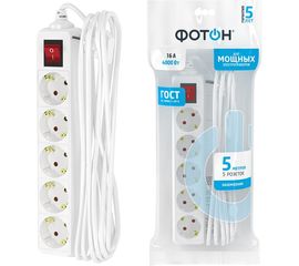Сетевой удлинитель Фотон 16-55ЕS, 5м, 5 розеток, 16А, с выключателем, с заземлением, белый 21209 