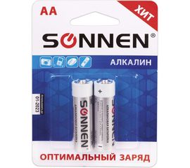 Батарейки SONNEN Alkaline, АА алкалиновые, 2 шт., в блистере, 451084 