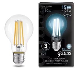 Лампа Gauss Filament А60, 15W, 1450lm, 4100К, Е27, LED, 1/10/40 102902215 