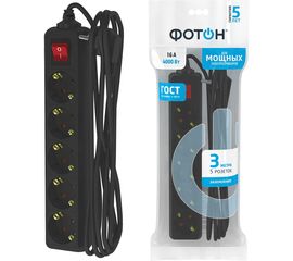 Сетевой удлинитель Фотон 16-35ЕS, 3м, 5 розеток, 16А, с выключателем, с заземлением, черный 22730 