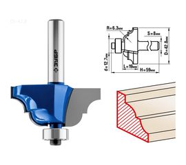 Фреза кромочная калевочная №4 ПРОФЕССИОНАЛ (42.8х19х59 мм; R6.3 мм; хвостовик 8 мм) Зубр 28705-42.8 