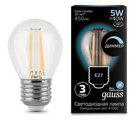 Лампа Gauss LED Filament Шар dimmable E27 5W 450lm 4100K 105802205-D 