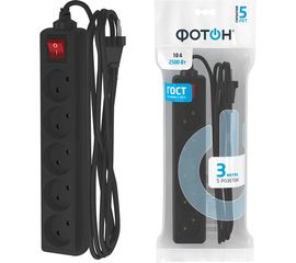 Сетевой удлинитель ФОТОН 10-35S, 3м, 5 розеток, 10А, с выкл., черный 22727 