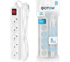 Сетевой удлинитель ФОТОН 10-35S, 3м, 5 розеток, 10А Белый 21118 