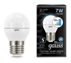 Лампа Gauss LED Шар E27 7W 550lm 4100K step dimmable 105102207-S 