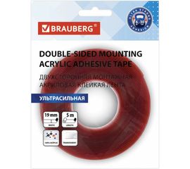 Монтажная прозрачная суперпрочная двусторонняя лента BRAUBERG 19 мм х 5 м, акриловая, 1 мм 606424 