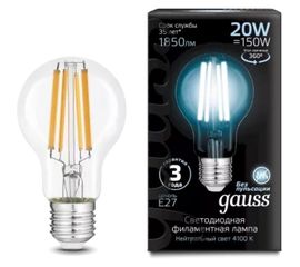 Лампа GAUSS Filament А60 20W 1850lm 4100К Е27 LED 1/10/40 102902220 