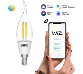 Умная Wi-fi филаментная лампочка Gauss, Smart Light ССТ DIM E14 CF35 4,5 Вт 2700-6500K, диммируемая с изменением температуры, управление голосом/смартфоном 1280112 