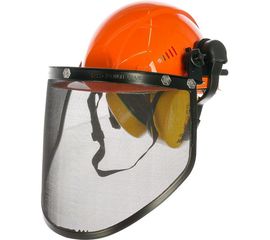 Комплект лесоруба (оранжевая каска с храповым механизмом + щиток сетка + наушники) РОСОМЗ КСН64 ШТУРМ FavoriТ СТАЛЬ 75714+04416+60105 
